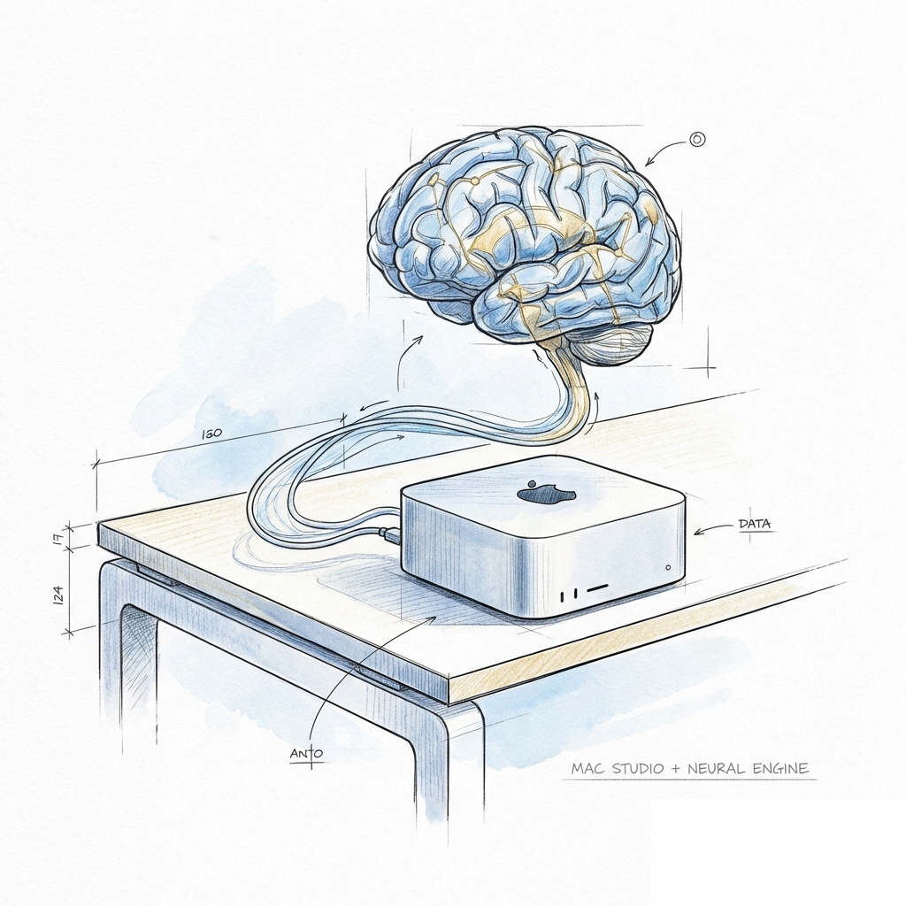 Futuristic AI Brain connecting to a Mac Studio